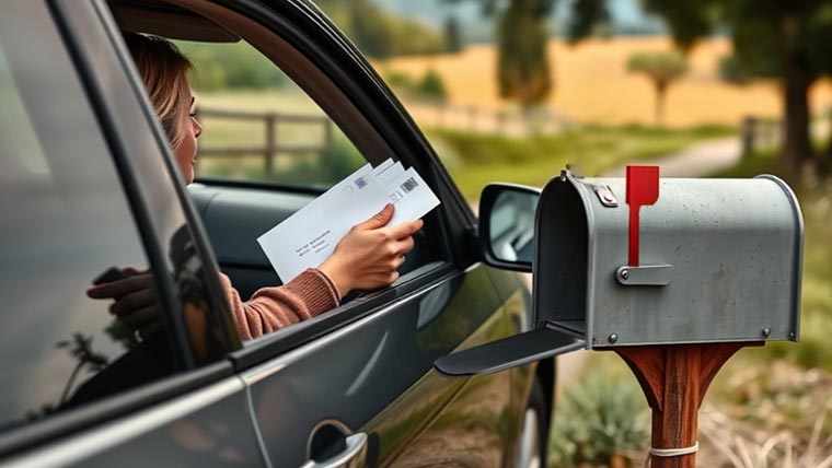 USPS Assistant Rural Carrier standing outside by a mailbox.